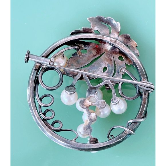 Art Deco Grape Cluster Cultured Pearl Sterling Brooch - Picture 2 of 9